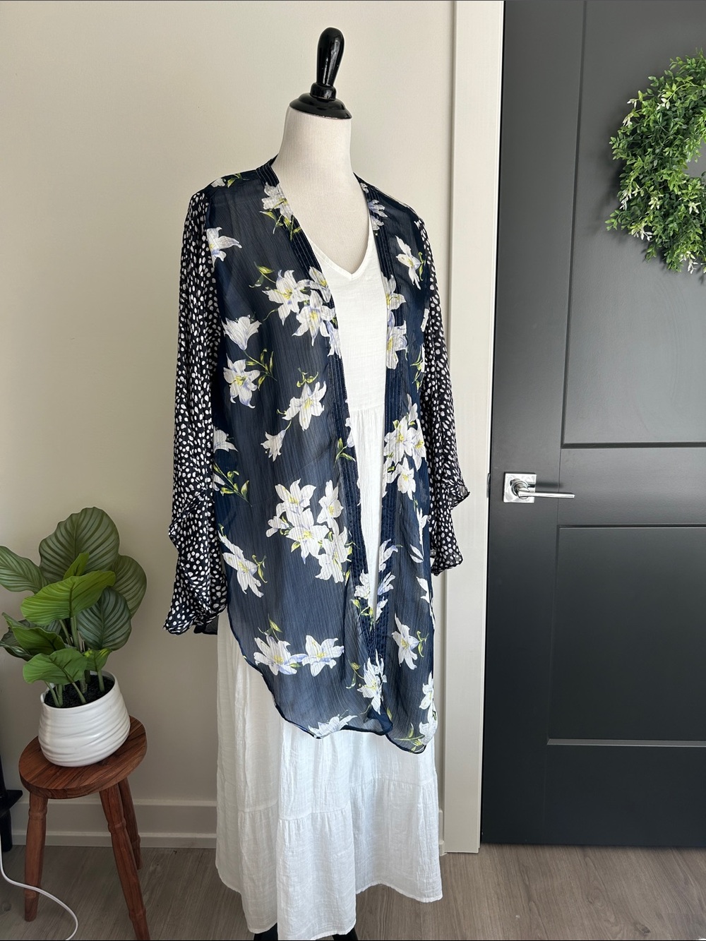Navy sheer Floral Kimono shrug swim cover with Mixed Print Sleeves